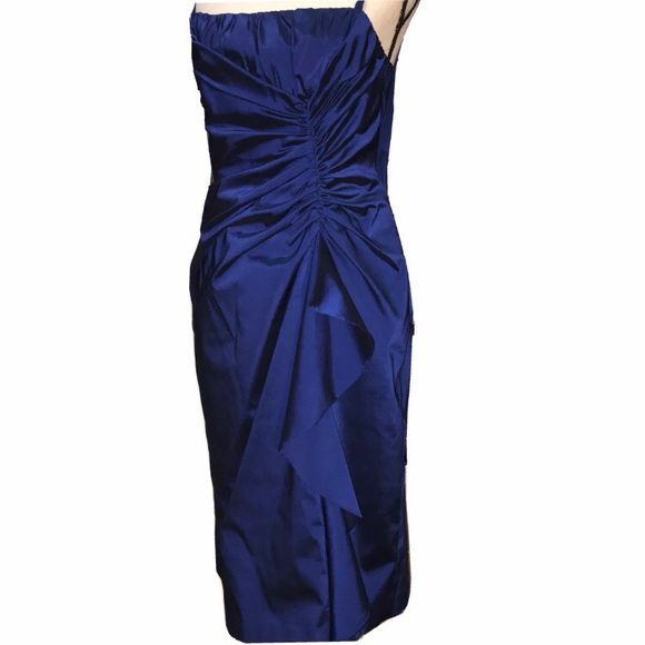 Adrianna Papell Metallic Navy Dress Gathered Ruffle Front Twisted Straps Size 12 - Picture 9 of 12